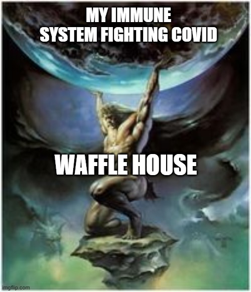 Waffle House | MY IMMUNE SYSTEM FIGHTING COVID; WAFFLE HOUSE | image tagged in atlas holding earth | made w/ Imgflip meme maker