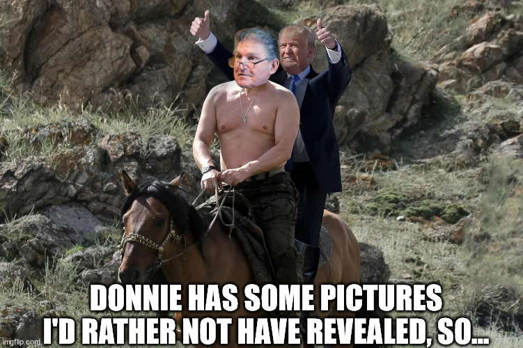 Manchin... the new Melania | DONNIE HAS SOME PICTURES I'D RATHER NOT HAVE REVEALED, SO... | image tagged in traitor joe manchin,trump manchin love affair | made w/ Imgflip meme maker