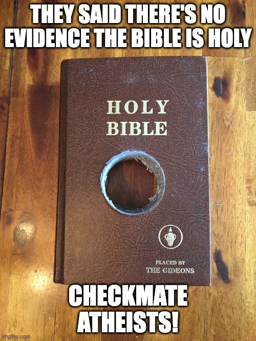 Holy Bible | THEY SAID THERE'S NO EVIDENCE THE BIBLE IS HOLY; CHECKMATE ATHEISTS! | image tagged in holy bible | made w/ Imgflip meme maker