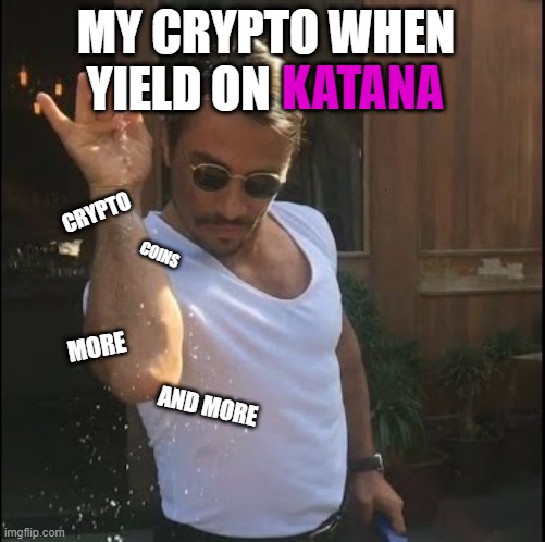 salt bae | MY CRYPTO WHEN        
 YIELD ON; KATANA; CRYPTO; COINS; MORE; AND MORE | image tagged in salt bae | made w/ Imgflip meme maker