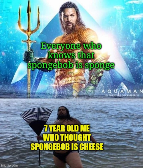 Anyone else like me, with one celled brain? | Everyone who knows that spongebob is sponge; 7 YEAR OLD ME WHO THOUGHT SPONGEBOB IS CHEESE | image tagged in me vs reality - aquaman,unfunny,gifs,memes | made w/ Imgflip meme maker