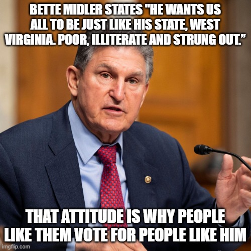Bette Midler is who? | BETTE MIDLER STATES "HE WANTS US ALL TO BE JUST LIKE HIS STATE, WEST VIRGINIA. POOR, ILLITERATE AND STRUNG OUT.”; THAT ATTITUDE IS WHY PEOPLE LIKE THEM VOTE FOR PEOPLE LIKE HIM | image tagged in joe manchin | made w/ Imgflip meme maker