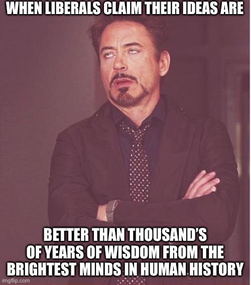 They’re called libtards for a reason |  WHEN LIBERALS CLAIM THEIR IDEAS ARE; BETTER THAN THOUSAND’S OF YEARS OF WISDOM FROM THE BRIGHTEST MINDS IN HUMAN HISTORY | image tagged in memes,face you make robert downey jr | made w/ Imgflip meme maker