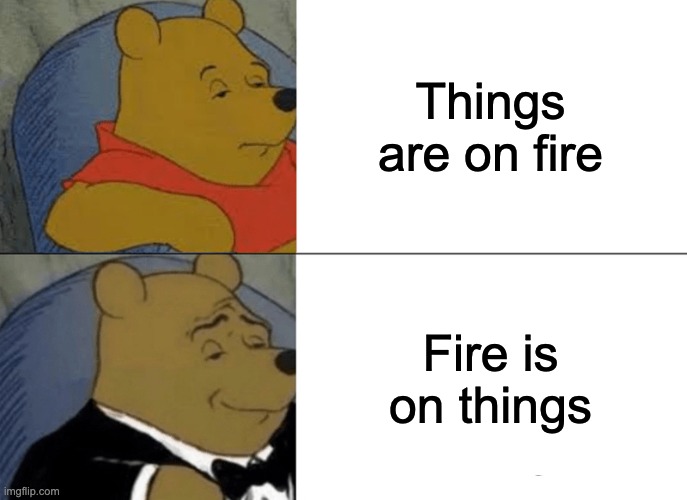 Logic tho | Things are on fire; Fire is on things | image tagged in memes,tuxedo winnie the pooh | made w/ Imgflip meme maker