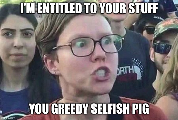 Triggered Liberal | I’M ENTITLED TO YOUR STUFF YOU GREEDY SELFISH PIG | image tagged in triggered liberal | made w/ Imgflip meme maker