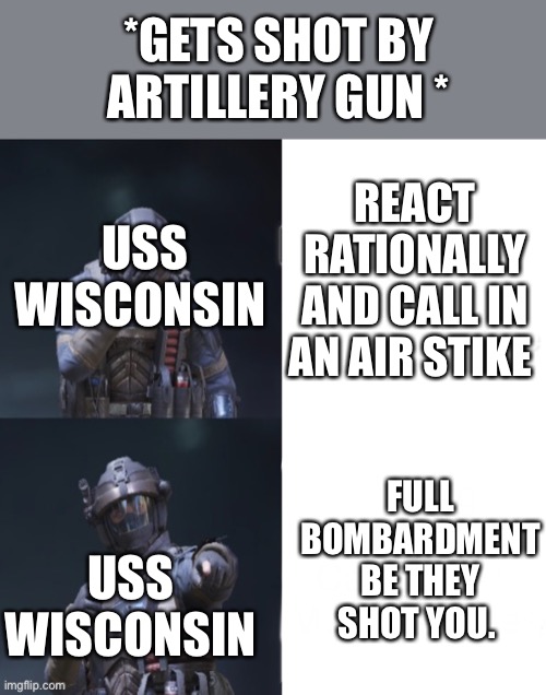 Cod drake meme | *GETS SHOT BY ARTILLERY GUN *; REACT RATIONALLY AND CALL IN AN AIR STIKE; USS WISCONSIN; FULL BOMBARDMENT BECAUSE  THEY SHOT YOU. USS  WISCONSIN | image tagged in cod drake meme | made w/ Imgflip meme maker