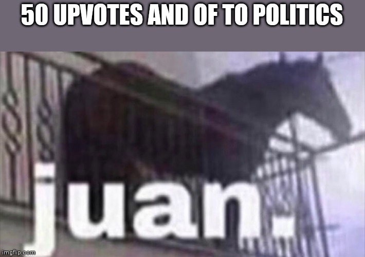 Juan horse | 50 UPVOTES AND OF TO POLITICS | image tagged in juan horse | made w/ Imgflip meme maker