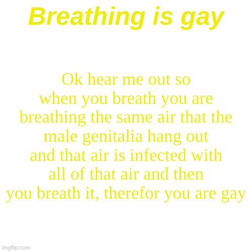 that is why I dont breath | Breathing is gay; Ok hear me out so when you breath you are breathing the same air that the male genitalia hang out and that air is infected with all of that air and then you breath it, therefor you are gay | image tagged in memes,blank transparent square | made w/ Imgflip meme maker