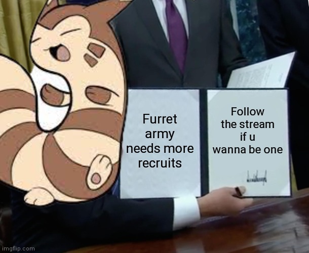 Furret fur! *the stream is pretty noice* | Furret army needs more recruits; Follow the stream if u wanna be one | image tagged in furret,furret army,memes,cute,pokemon,follow | made w/ Imgflip meme maker