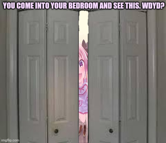 Uh oh... | YOU COME INTO YOUR BEDROOM AND SEE THIS. WDYD? | image tagged in closet,astolfo,hiding,femboy,anime boi | made w/ Imgflip meme maker