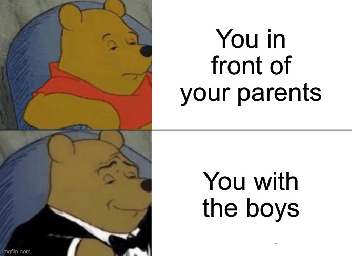 Tuxedo Winnie The Pooh Meme | You in front of your parents; You with the boys | image tagged in memes,tuxedo winnie the pooh | made w/ Imgflip meme maker