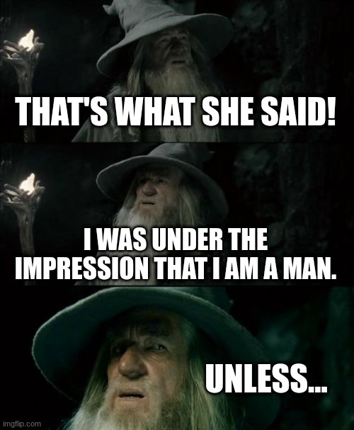 Confused Gandalf Meme | THAT'S WHAT SHE SAID! I WAS UNDER THE IMPRESSION THAT I AM A MAN. UNLESS... | image tagged in memes,confused gandalf | made w/ Imgflip meme maker