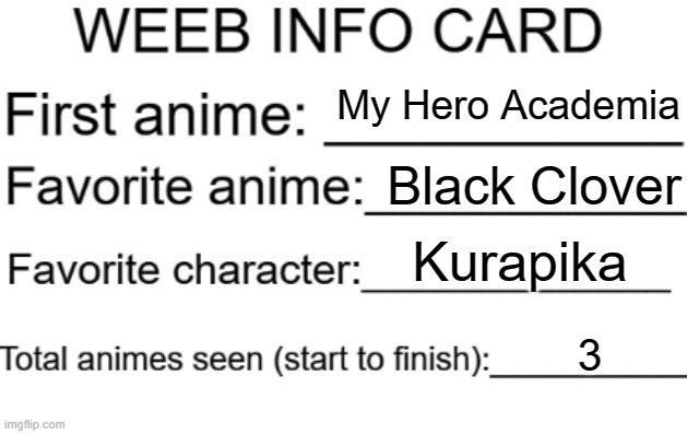 It's my turn to make one! | My Hero Academia; Black Clover; Kurapika; 3 | image tagged in weeb info card | made w/ Imgflip meme maker