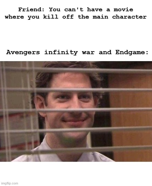 my friend had an argument with me and so I turned it into a meme | Friend: You can't have a movie where you kill off the main character; Avengers infinity war and Endgame: | image tagged in jim office blinds | made w/ Imgflip meme maker