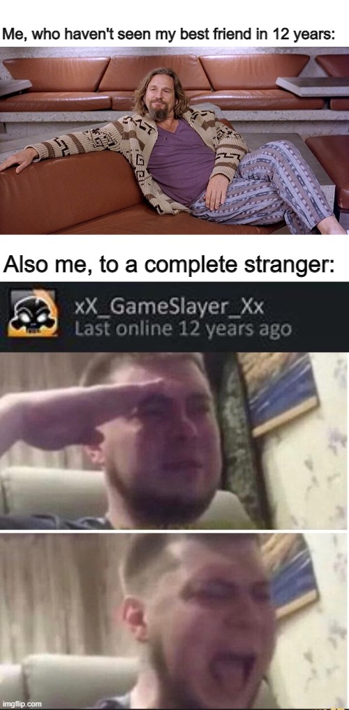 Salute to you | Me, who haven't seen my best friend in 12 years:; Also me, to a complete stranger: | image tagged in last online 12 years ago return meme,crying salute | made w/ Imgflip meme maker