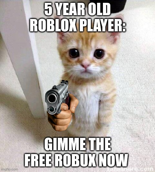 Cute Cat Meme | 5 YEAR OLD ROBLOX PLAYER:; GIMME THE FREE ROBUX NOW | image tagged in memes,cute cat | made w/ Imgflip meme maker