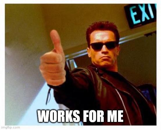 terminator thumbs up | WORKS FOR ME | image tagged in terminator thumbs up | made w/ Imgflip meme maker