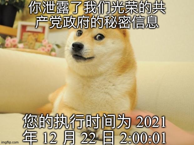 Doge 2 Meme | 你泄露了我们光荣的共
产党政府的秘密信息 您的执行时间为 2021 
年 12 月 22 日 2:00:01 | image tagged in memes,doge 2 | made w/ Imgflip meme maker