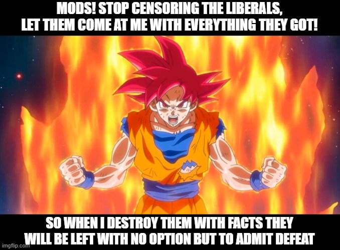 I want there to be no doubt | MODS! STOP CENSORING THE LIBERALS, LET THEM COME AT ME WITH EVERYTHING THEY GOT! SO WHEN I DESTROY THEM WITH FACTS THEY WILL BE LEFT WITH NO OPTION BUT TO ADMIT DEFEAT | image tagged in dragon ball super,funny memes,political meme,stupid liberals,politics lol | made w/ Imgflip meme maker