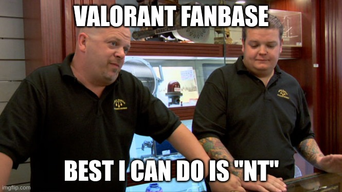 it's like playing with bots, their vocabulary is "gg" "nt" "gj" "glhf" | VALORANT FANBASE; BEST I CAN DO IS "NT" | image tagged in pawn stars best i can do | made w/ Imgflip meme maker