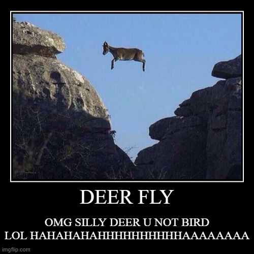 SILLY DEER U DONT FLY | image tagged in funny,demotivationals | made w/ Imgflip demotivational maker