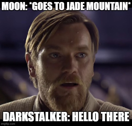 *ten seconds later* | MOON: *GOES TO JADE MOUNTAIN*; DARKSTALKER: HELLO THERE | image tagged in hello there,wings of fire | made w/ Imgflip meme maker