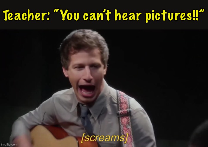 AAAAHHHHHH AAAAHHHHHHH!!!! | Teacher: “You can’t hear pictures!!” | image tagged in jake screaming guitar playing peralta,jake,jake peralta,screaming,guitar,you cant hear pictures | made w/ Imgflip meme maker