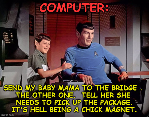 Spock & Son | COMPUTER:; SEND MY BABY MAMA TO THE BRIDGE . 
THE OTHER ONE.  TELL HER SHE 
NEEDS TO PICK UP THE PACKAGE.
IT'S HELL BEING A CHICK MAGNET. | image tagged in star trek,spock | made w/ Imgflip meme maker