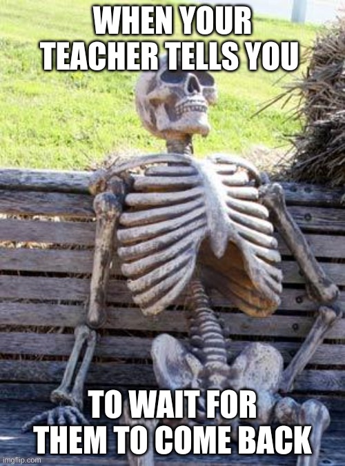 all teachers do this lol | WHEN YOUR TEACHER TELLS YOU; TO WAIT FOR THEM TO COME BACK | image tagged in memes,waiting skeleton | made w/ Imgflip meme maker