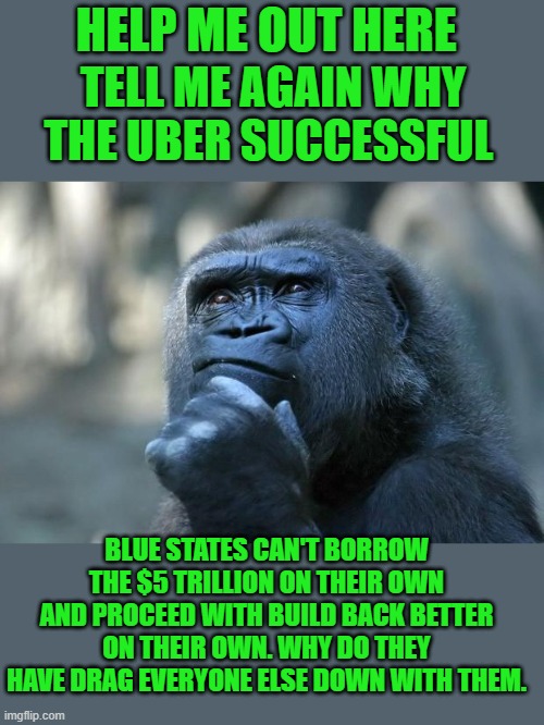 Yep | HELP ME OUT HERE; TELL ME AGAIN WHY THE UBER SUCCESSFUL; BLUE STATES CAN'T BORROW THE $5 TRILLION ON THEIR OWN AND PROCEED WITH BUILD BACK BETTER ON THEIR OWN. WHY DO THEY HAVE DRAG EVERYONE ELSE DOWN WITH THEM. | image tagged in deep thoughts | made w/ Imgflip meme maker