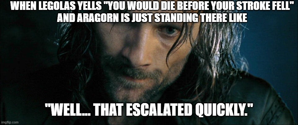 Aragorn's Problems | WHEN LEGOLAS YELLS "YOU WOULD DIE BEFORE YOUR STROKE FELL"
AND ARAGORN IS JUST STANDING THERE LIKE; "WELL... THAT ESCALATED QUICKLY." | image tagged in aragorn,lotr,legolas,gimli | made w/ Imgflip meme maker