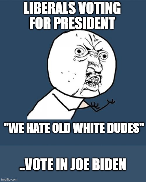 Y U No | LIBERALS VOTING FOR PRESIDENT; "WE HATE OLD WHITE DUDES"; ..VOTE IN JOE BIDEN | image tagged in memes,y u no | made w/ Imgflip meme maker