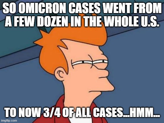Futurama Fry | SO OMICRON CASES WENT FROM A FEW DOZEN IN THE WHOLE U.S. TO NOW 3/4 OF ALL CASES...HMM... | image tagged in memes,futurama fry | made w/ Imgflip meme maker