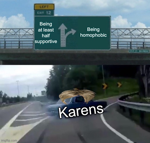 Left Exit 12 Off Ramp | Being at least half supportive; Being homophobic; Karens | image tagged in memes,left exit 12 off ramp,lgbtq | made w/ Imgflip meme maker