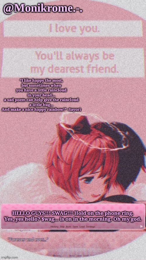 Thanks Tsuyu/Laks | HELLO GUYS!!! SWAG!!! Hold on the phone ring. Yes, yes hello? $wag... is on in the morning. Oh my god. | image tagged in thanks tsuyu/laks | made w/ Imgflip meme maker