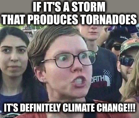 Triggered Liberal | IF IT'S A STORM THAT PRODUCES TORNADOES IT'S DEFINITELY CLIMATE CHANGE!!! | image tagged in triggered liberal | made w/ Imgflip meme maker