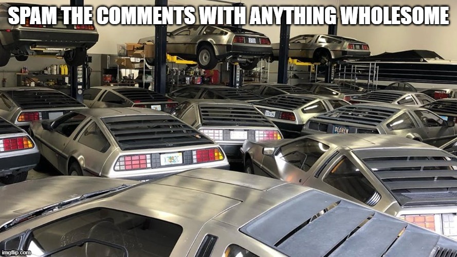 LOTS OF DELOREANS | SPAM THE COMMENTS WITH ANYTHING WHOLESOME | image tagged in lots of deloreans | made w/ Imgflip meme maker