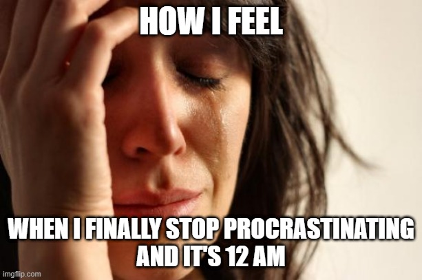 First World Problems | HOW I FEEL; WHEN I FINALLY STOP PROCRASTINATING
AND IT'S 12 AM | image tagged in memes,first world problems | made w/ Imgflip meme maker