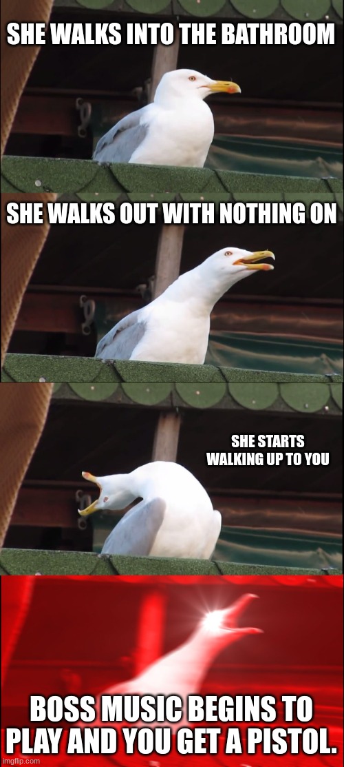 Inhaling Seagull Meme | SHE WALKS INTO THE BATHROOM SHE WALKS OUT WITH NOTHING ON SHE STARTS WALKING UP TO YOU BOSS MUSIC BEGINS TO PLAY AND YOU GET A PISTOL. | image tagged in memes,inhaling seagull | made w/ Imgflip meme maker