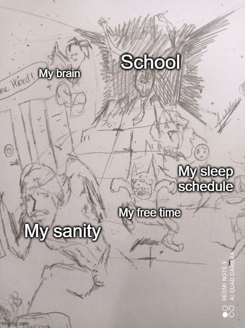Cryptor chasing people | School; My brain; My sleep schedule; My free time; My sanity | image tagged in crusader,chasing,running,running away | made w/ Imgflip meme maker