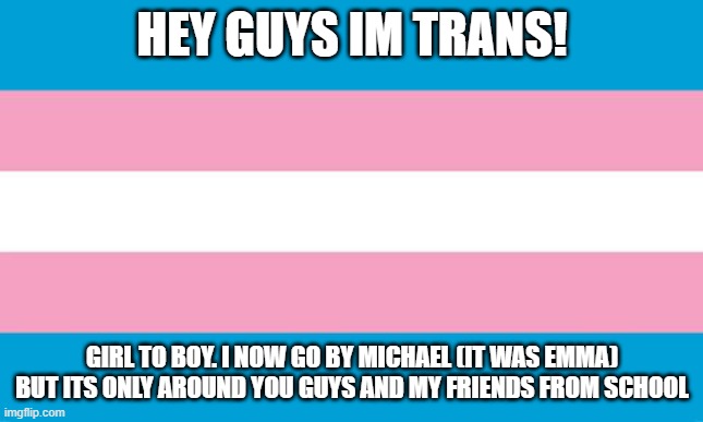 heyo | HEY GUYS IM TRANS! GIRL TO BOY. I NOW GO BY MICHAEL (IT WAS EMMA) BUT ITS ONLY AROUND YOU GUYS AND MY FRIENDS FROM SCHOOL | image tagged in transgender flag | made w/ Imgflip meme maker