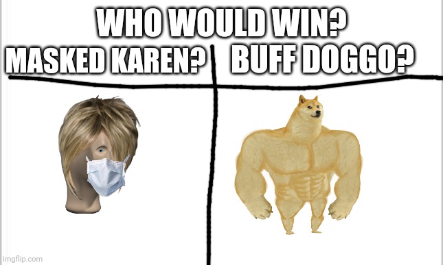 Who would win? | WHO WOULD WIN? MASKED KAREN? BUFF DOGGO? | image tagged in white background | made w/ Imgflip meme maker