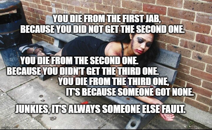 Junkie | YOU DIE FROM THE FIRST JAB,      BECAUSE YOU DID NOT GET THE SECOND ONE.                                                                                   
 YOU DIE FROM THE SECOND ONE.                                   BECAUSE YOU DIDN'T GET THE THIRD ONE.                             
       YOU DIE FROM THE THIRD ONE,                             IT'S BECAUSE SOMEONE GOT NONE. JUNKIES, IT'S ALWAYS SOMEONE ELSE FAULT. | image tagged in junkie | made w/ Imgflip meme maker