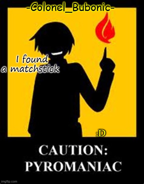 Pyromaniac temp | I found a matchstick; :D | image tagged in pyromaniac temp | made w/ Imgflip meme maker