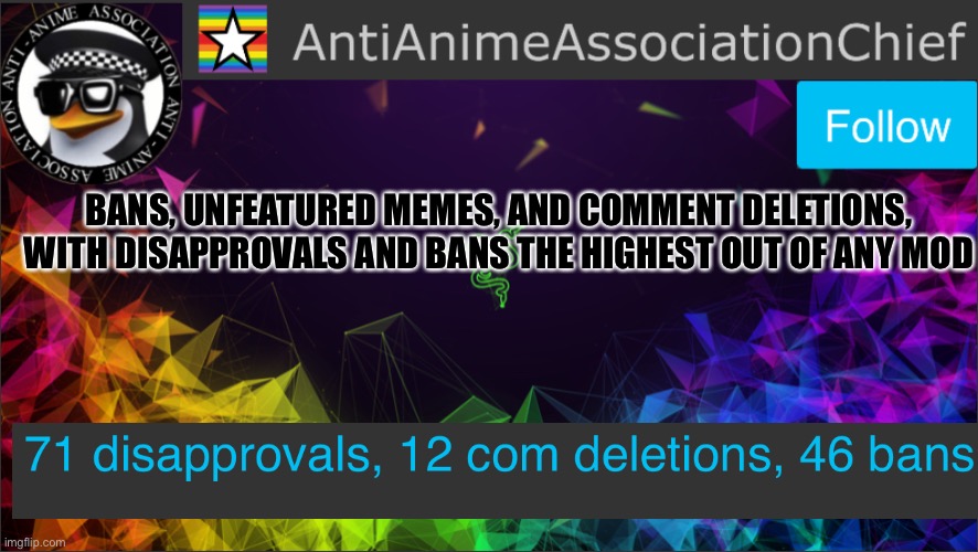 AAA chief bulletin | BANS, UNFEATURED MEMES, AND COMMENT DELETIONS, WITH DISAPPROVALS AND BANS THE HIGHEST OUT OF ANY MOD | image tagged in aaa chief bulletin | made w/ Imgflip meme maker