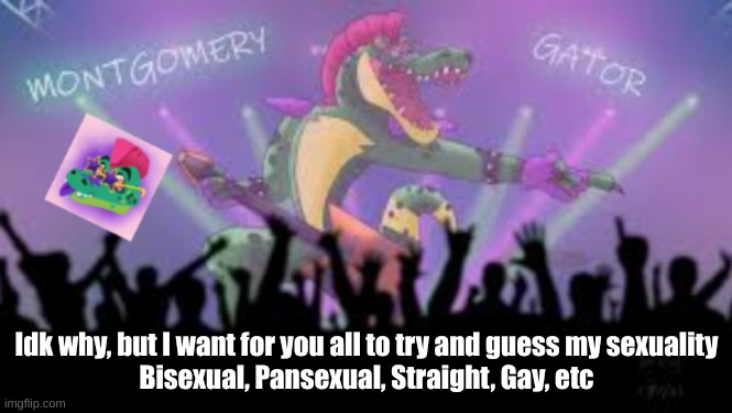 Answer will be revealed December 24 | Idk why, but I want for you all to try and guess my sexuality
Bisexual, Pansexual, Straight, Gay, etc | image tagged in montgomery_gator template 2 | made w/ Imgflip meme maker