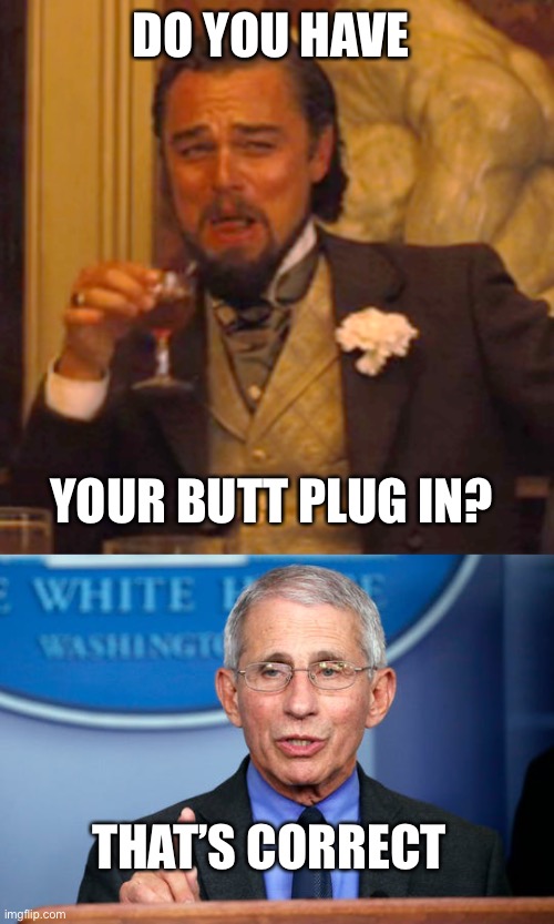 DO YOU HAVE YOUR BUTT PLUG IN? THAT’S CORRECT | image tagged in memes,laughing leo,dr fauci | made w/ Imgflip meme maker