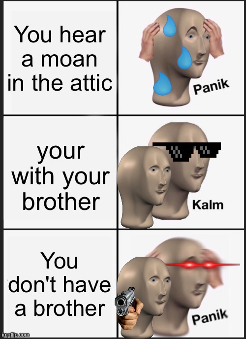 Panik Kalm Panik | You hear a moan in the attic; your with your brother; You don't have a brother | image tagged in memes,panik kalm panik,oh no oh no oh nono | made w/ Imgflip meme maker