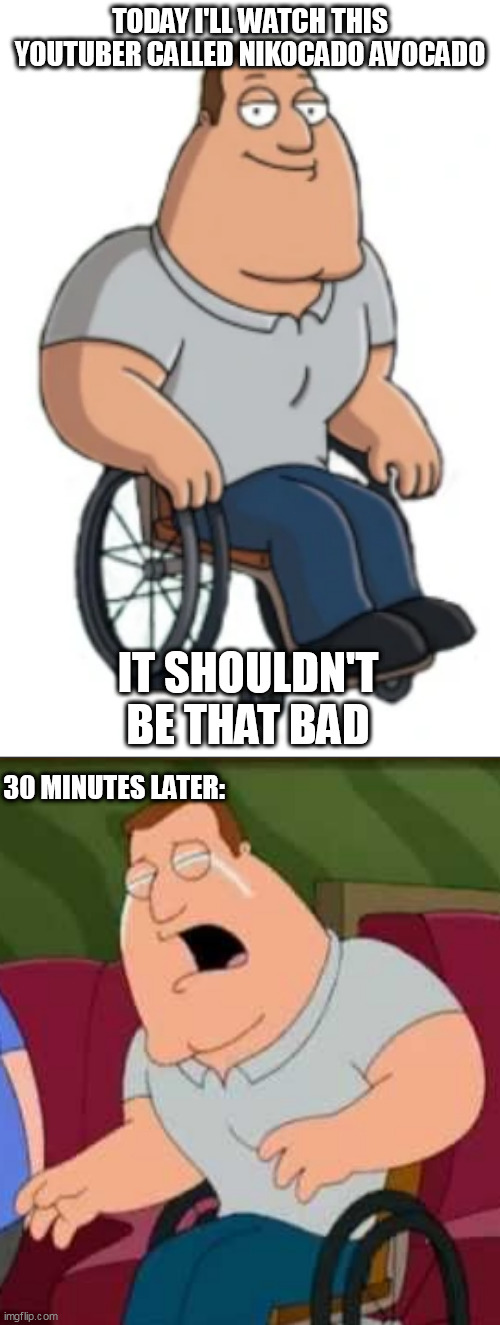 Joe Swanson watches something then cries | TODAY I'LL WATCH THIS YOUTUBER CALLED NIKOCADO AVOCADO; IT SHOULDN'T BE THAT BAD; 30 MINUTES LATER: | image tagged in joe swanson watches something then cries,memes,nikocado avocado,stop reading the tags,your mom is gay | made w/ Imgflip meme maker