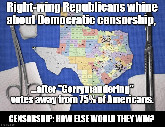 Republican Gerrymandering is Censorship | Right-wing Republicans whine about Democratic censorship, ...after "Gerrymandering" votes away from 75% of Americans. CENSORSHIP: HOW ELSE WOULD THEY WIN? | image tagged in gerrymandering,censorship,voting rights,constitutional,anti-democracy | made w/ Imgflip meme maker
